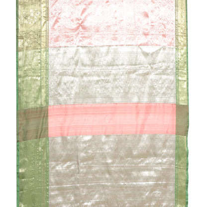 Faishana Presents Pink Silver Zari Kanchi Silk Contrast Brocade Contrast Green Zari Pattu Border Banarasi Saree