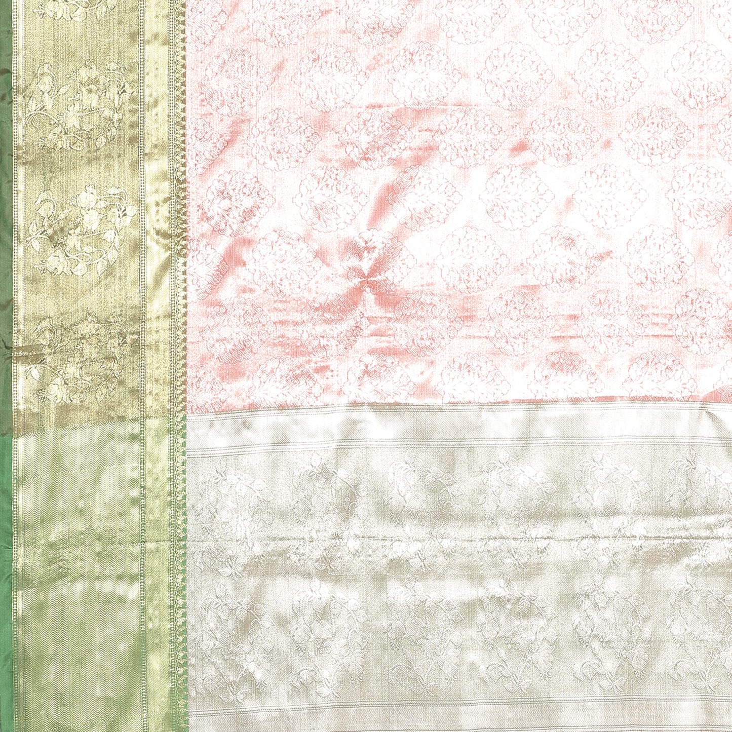 Faishana Presents Pink Silver Zari Kanchi Silk Contrast Brocade Contrast Green Zari Pattu Border Banarasi Saree