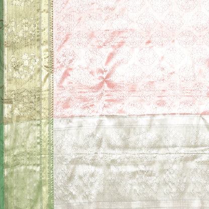 Faishana Presents Pink Silver Zari Kanchi Silk Contrast Brocade Contrast Green Zari Pattu Border Banarasi Saree