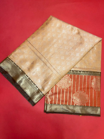 Faishana Presents Beige Silver Zari Kanchi Silk Brocade Contrast Orange Zari Pattu Border Banarasi Saree