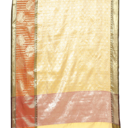 Faishana Presents Beige Silver Zari Kanchi Silk Brocade Contrast Orange Zari Pattu Border Banarasi Saree