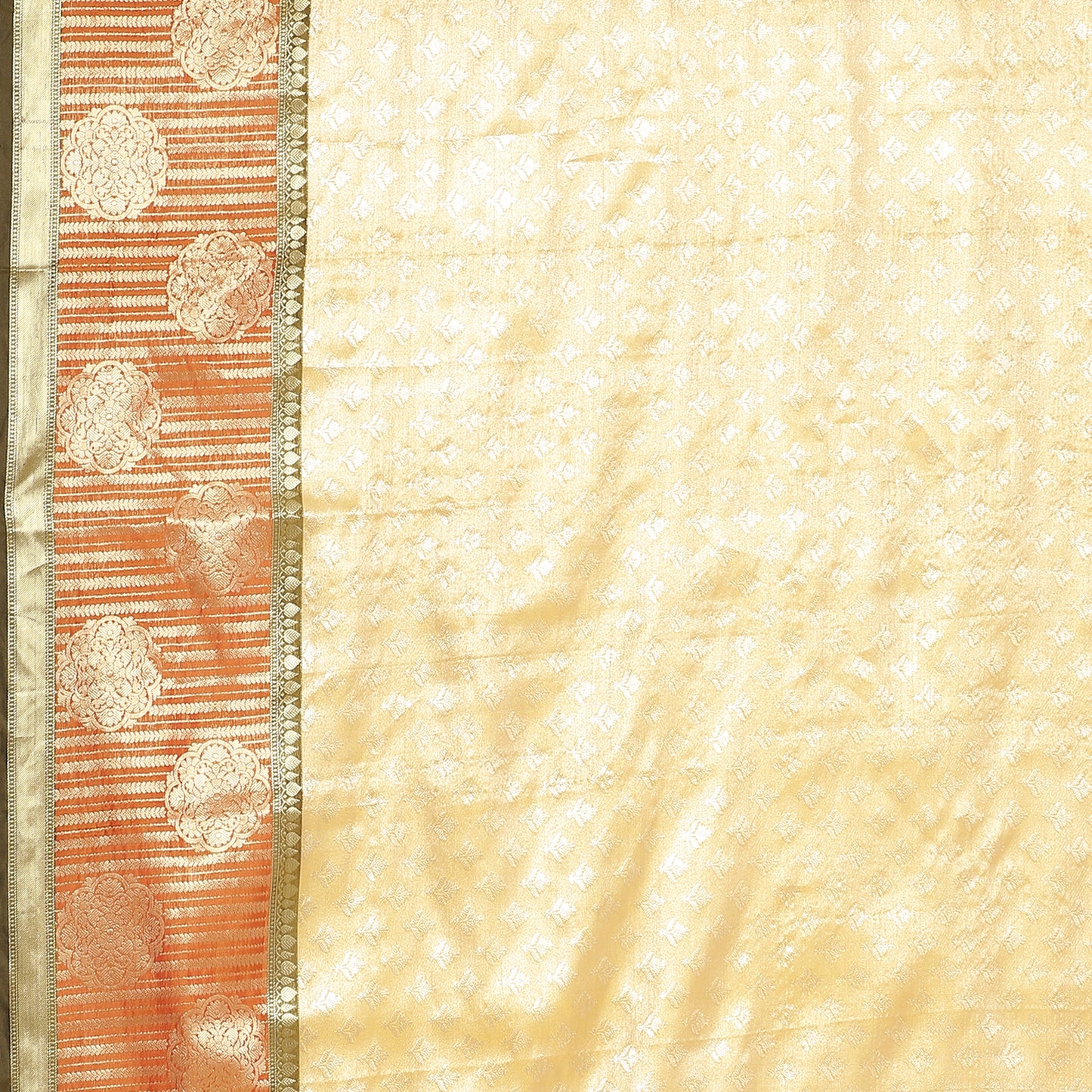 Faishana Presents Beige Silver Zari Kanchi Silk Brocade Contrast Orange Zari Pattu Border Banarasi Saree