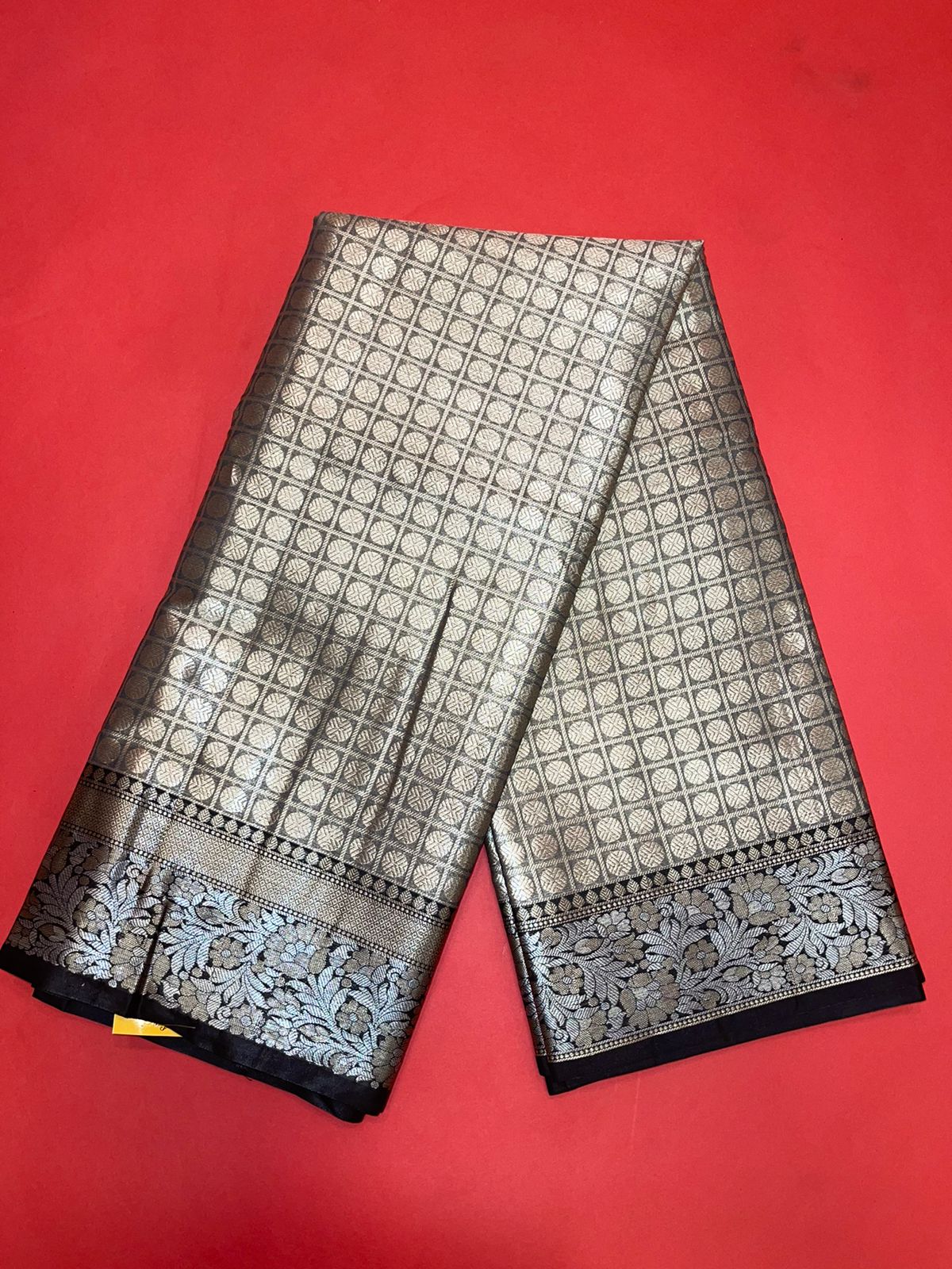 Faishana Presents Black Zari Kanchi Silk Brocade Contrast Silver Gold Zari Jamawar Black Border Saree