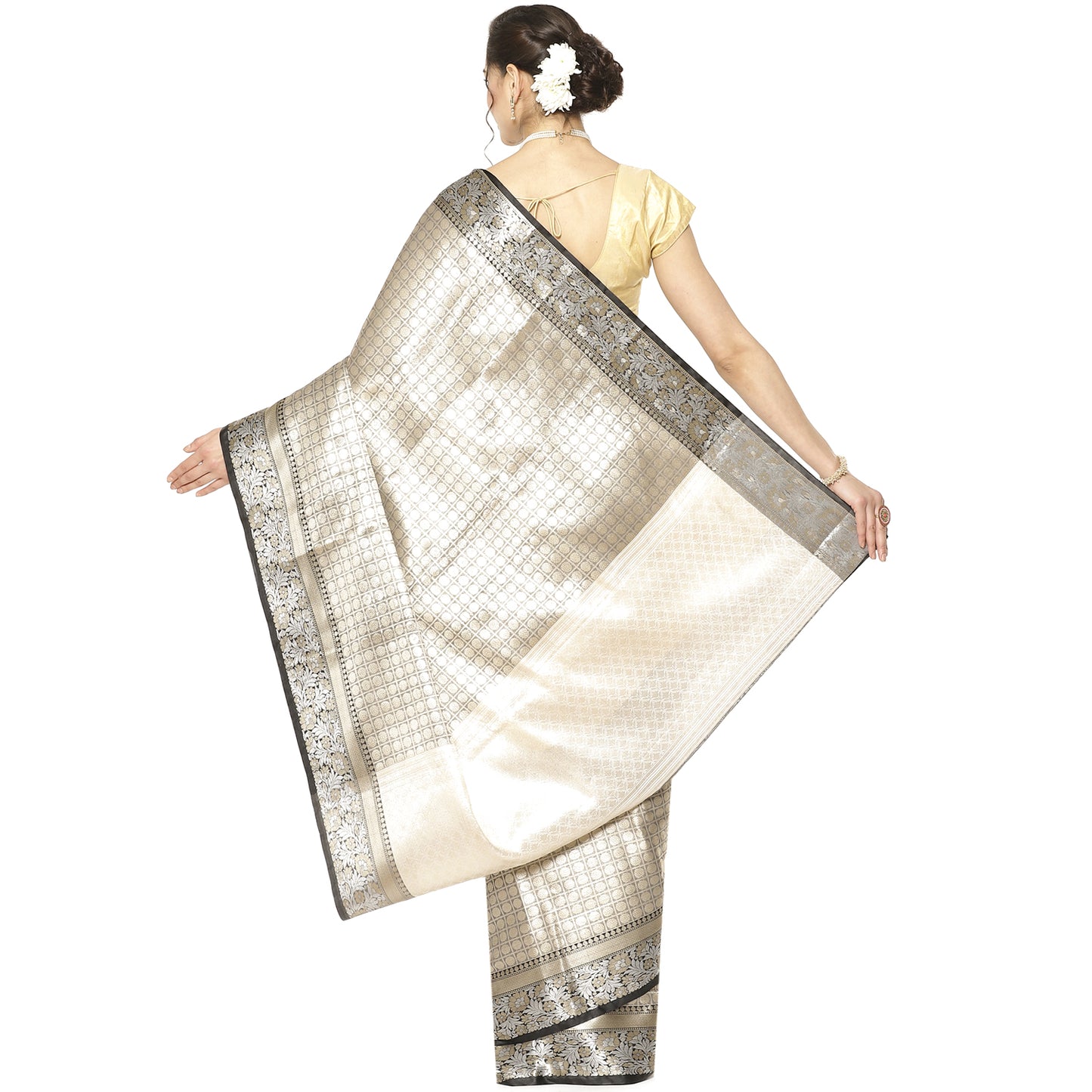 Faishana Presents Black Zari Kanchi Silk Brocade Contrast Silver Gold Zari Jamawar Black Border Saree