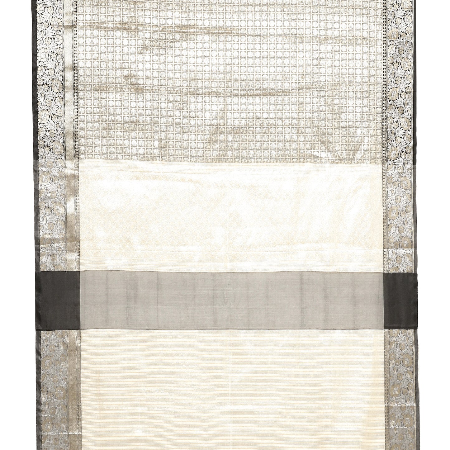 Faishana Presents Black Zari Kanchi Silk Brocade Contrast Silver Gold Zari Jamawar Black Border Saree