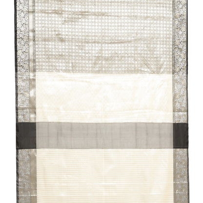 Faishana Presents Black Zari Kanchi Silk Brocade Contrast Silver Gold Zari Jamawar Black Border Saree