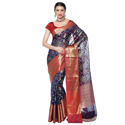 Faishana Presents Presents Navy Blue Zari Patola Contrast Zari Brocade Maroon Pattu Border Banarasi Saree.
