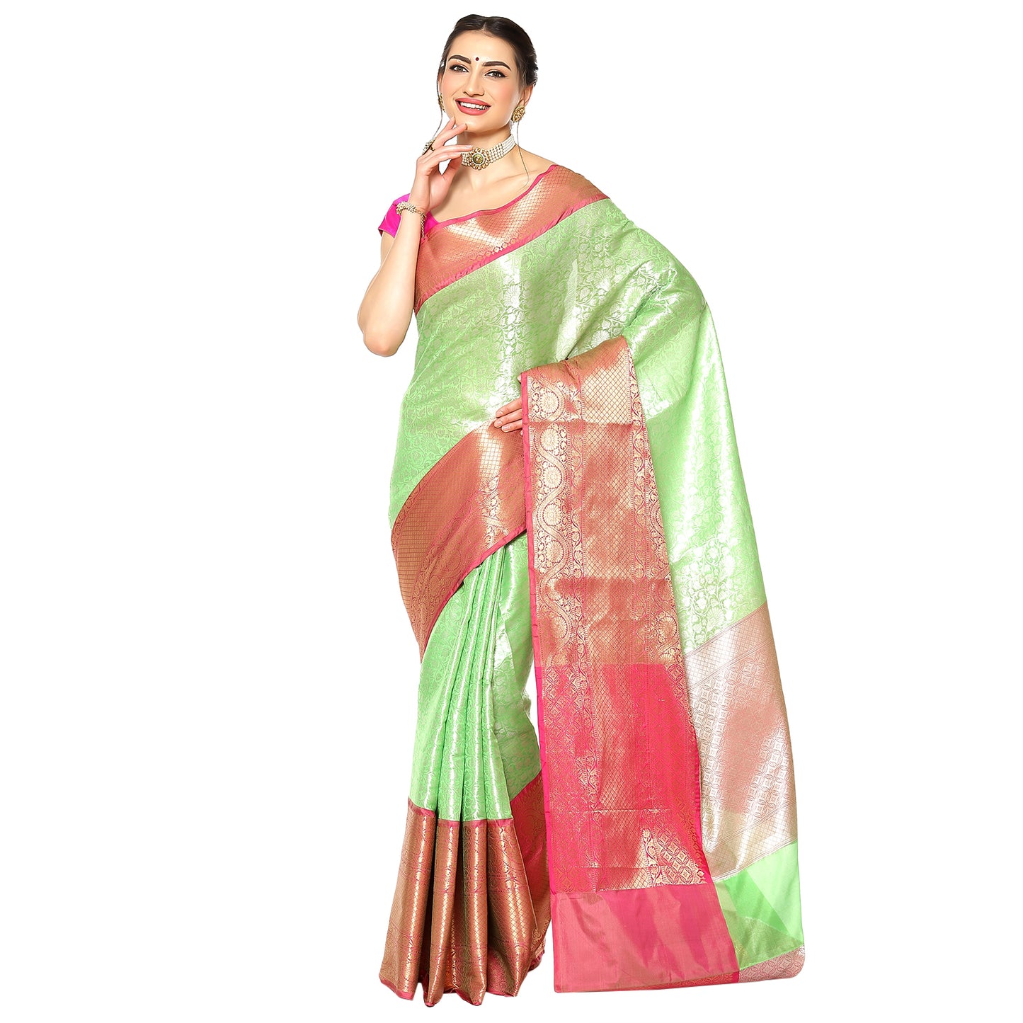 Faishana Presents Presents Green Kanchi Silk Zari Brocade Contrast Zari Brocade Red Pattu Border Banarasi Saree.