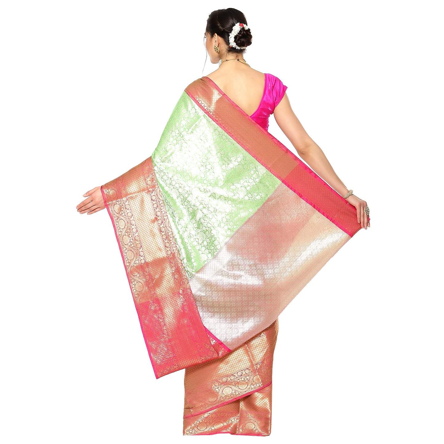 Faishana Presents Presents Green Kanchi Silk Zari Brocade Contrast Zari Brocade Red Pattu Border Banarasi Saree.