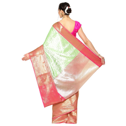 Faishana Presents Presents Green Kanchi Silk Zari Brocade Contrast Zari Brocade Red Pattu Border Banarasi Saree.
