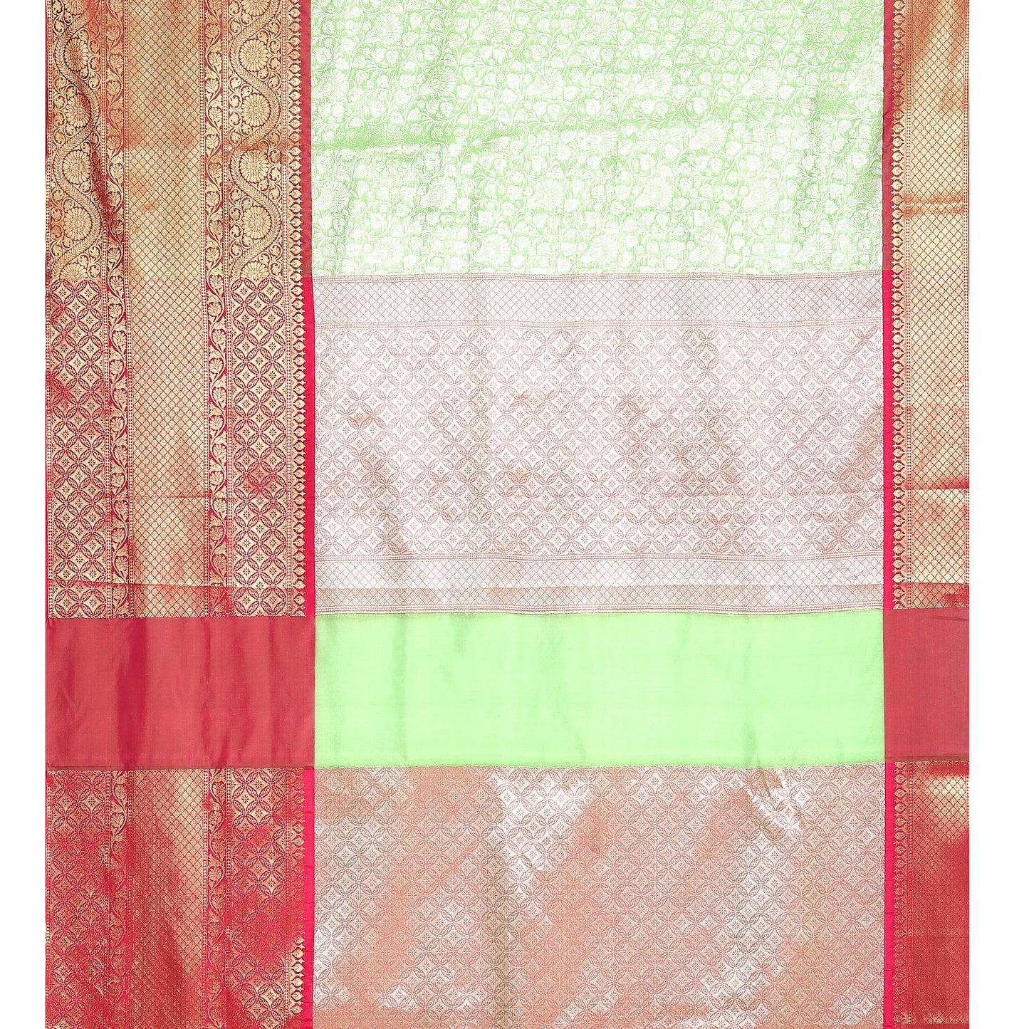 Faishana Presents Presents Green Kanchi Silk Zari Brocade Contrast Zari Brocade Red Pattu Border Banarasi Saree.