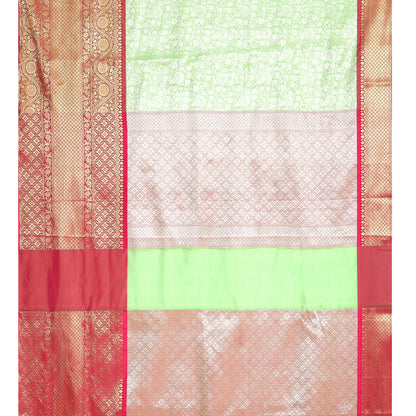Faishana Presents Presents Green Kanchi Silk Zari Brocade Contrast Zari Brocade Red Pattu Border Banarasi Saree.