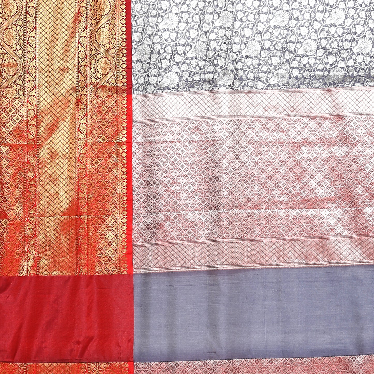 Faishana Presents Presents Navy Blue Zari Patola Contrast Zari Brocade Maroon Pattu Border Banarasi Saree.
