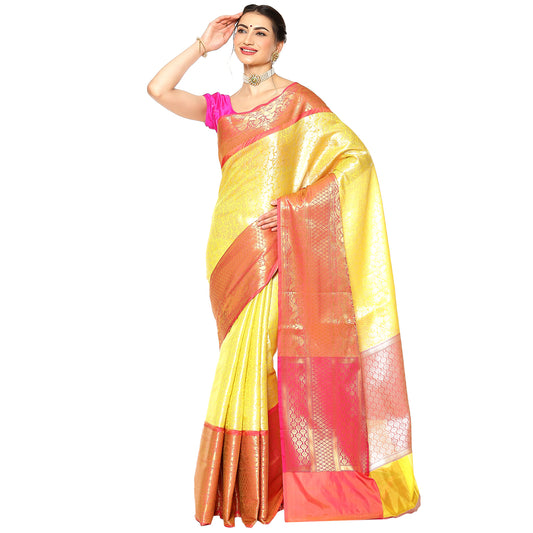 Faishana Presents Presents Gold Kanchi Silk Zari Brocade Contrast Silk Zari Brocade Red Pattu Border Banarasi Saree.