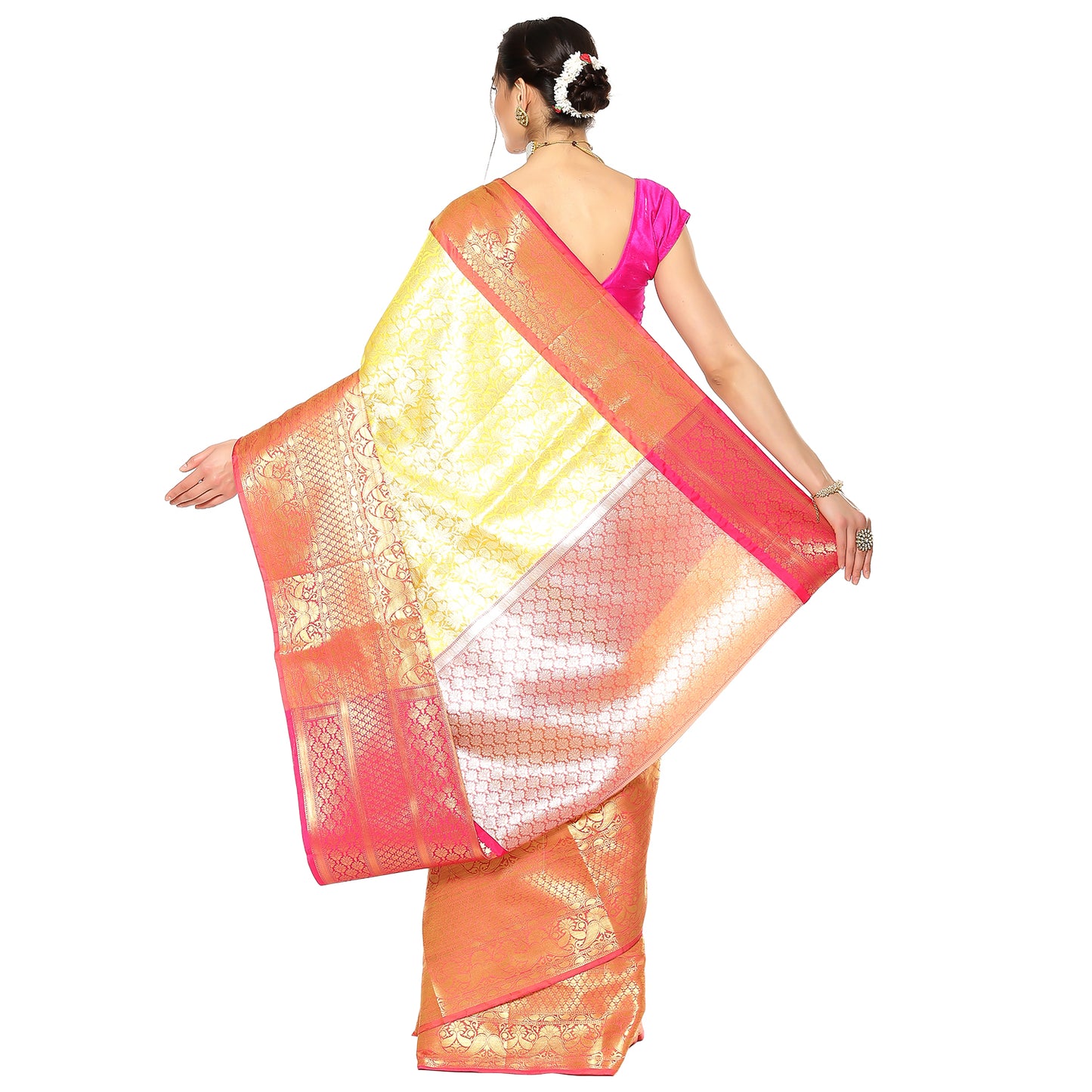 Faishana Presents Presents Gold Kanchi Silk Zari Brocade Contrast Silk Zari Brocade Red Pattu Border Banarasi Saree.
