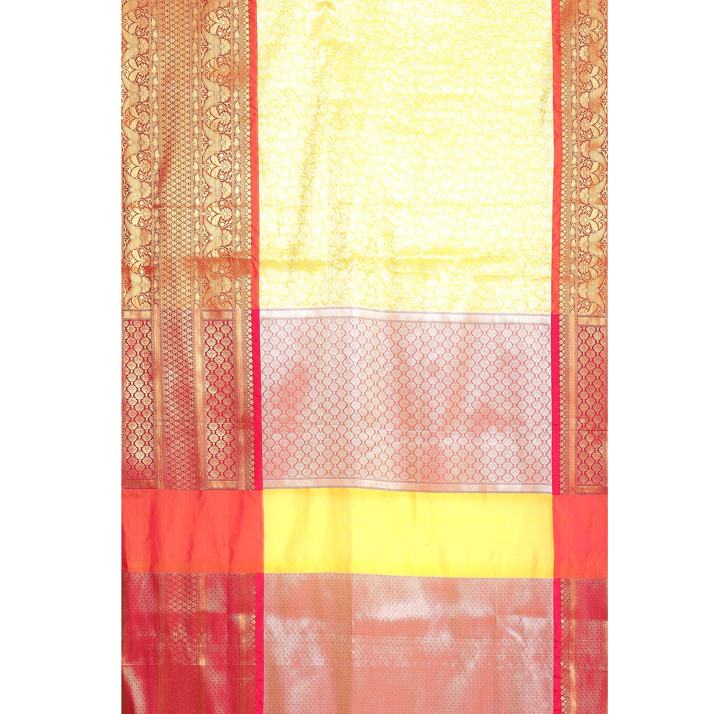 Faishana Presents Presents Gold Kanchi Silk Zari Brocade Contrast Silk Zari Brocade Red Pattu Border Banarasi Saree.