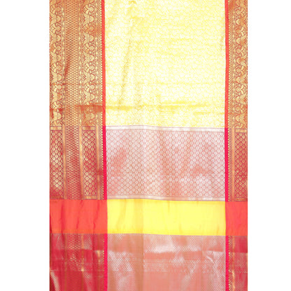 Faishana Presents Presents Gold Kanchi Silk Zari Brocade Contrast Silk Zari Brocade Red Pattu Border Banarasi Saree.
