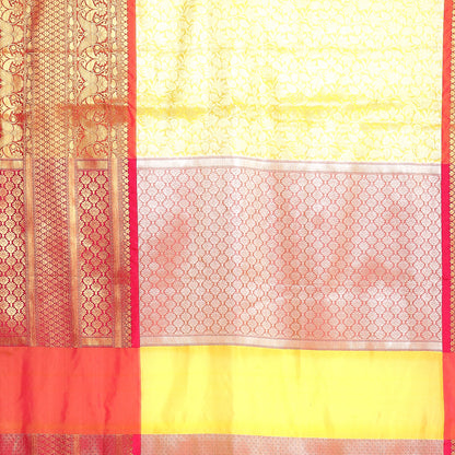 Faishana Presents Presents Gold Kanchi Silk Zari Brocade Contrast Silk Zari Brocade Red Pattu Border Banarasi Saree.