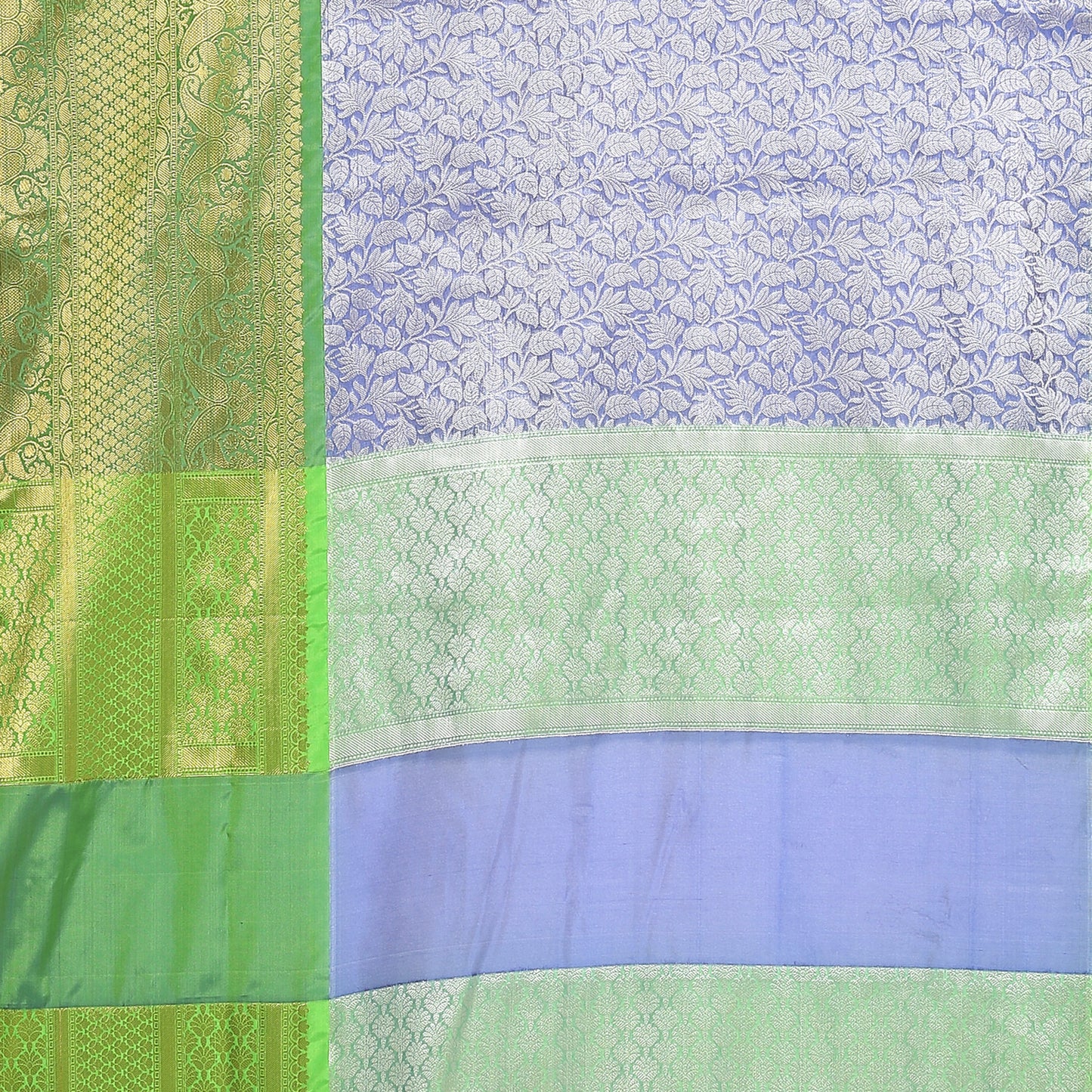 Faishana Presents Presents Navy Blue Zari Patola Contrast Zari Brocade Green Pattu Border Banarasi Saree.