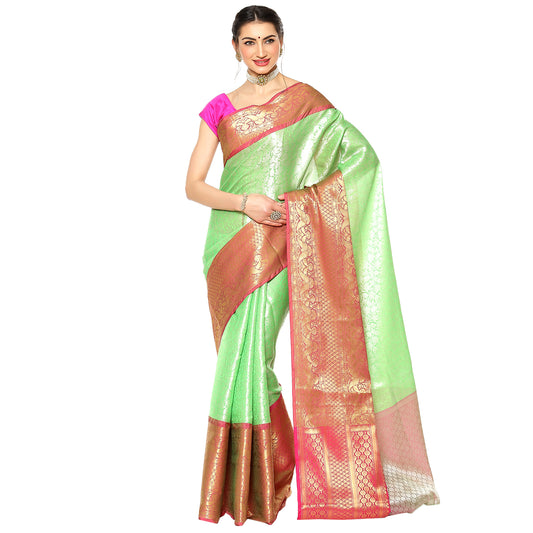 Faishana Presents Presents Green Kanchi Silk Zari Brocade Contrast Zari Brocade Red Pattu Border Banarasi Saree.