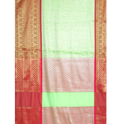 Faishana Presents Presents Green Kanchi Silk Zari Brocade Contrast Zari Brocade Red Pattu Border Banarasi Saree.