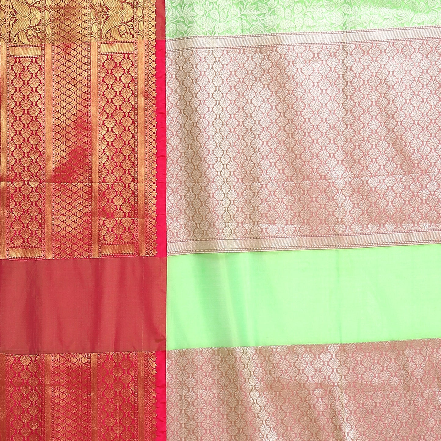 Faishana Presents Presents Green Kanchi Silk Zari Brocade Contrast Zari Brocade Red Pattu Border Banarasi Saree.