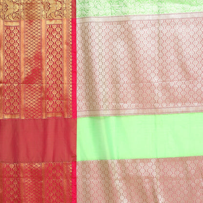 Faishana Presents Presents Green Kanchi Silk Zari Brocade Contrast Zari Brocade Red Pattu Border Banarasi Saree.