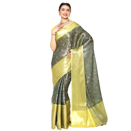 Faishana Presents Bottle Green Zari Patan Patola Contrast Zari Brocade Yellow Pattu Border Banarasi Saree