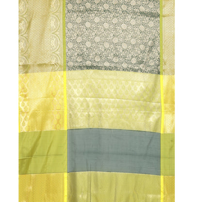 Faishana Presents Bottle Green Zari Patan Patola Contrast Zari Brocade Yellow Pattu Border Banarasi Saree