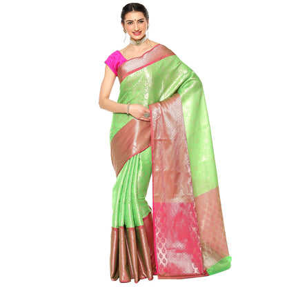 Faishana Presents Green Kanchi Silk Zari Brocade Contrast Zari Brocade Pink Pattu Border Banarasi Saree