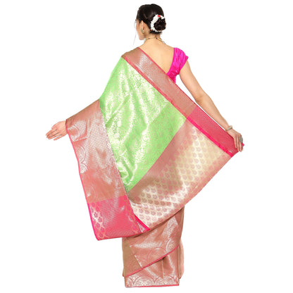 Faishana Presents Green Kanchi Silk Zari Brocade Contrast Zari Brocade Pink Pattu Border Banarasi Saree