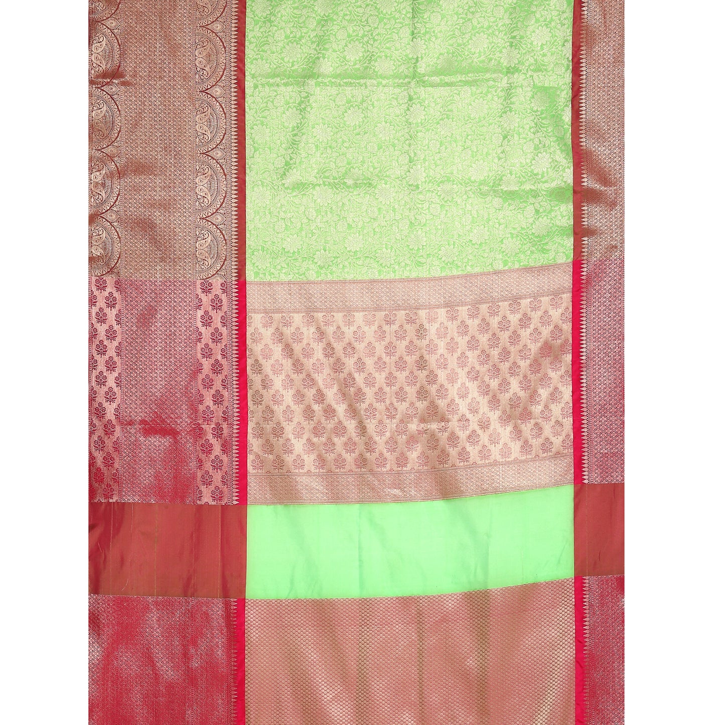 Faishana Presents Green Kanchi Silk Zari Brocade Contrast Zari Brocade Pink Pattu Border Banarasi Saree