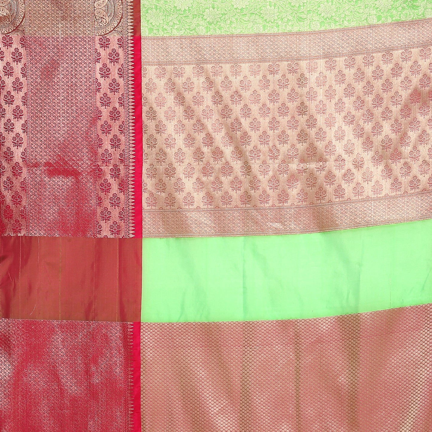 Faishana Presents Green Kanchi Silk Zari Brocade Contrast Zari Brocade Pink Pattu Border Banarasi Saree
