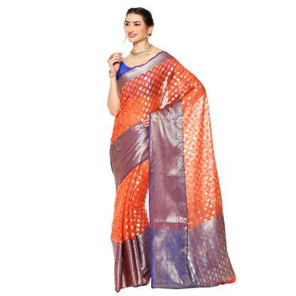 Faishana Presents Orange  Silver Gold Zari Chunri Booti Contrast Blue Pattu Border Banarasi Saree