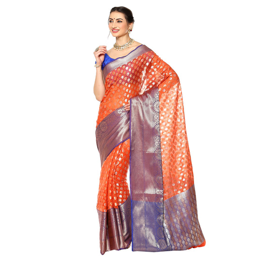 Faishana Presents Orange  Silver Gold Zari Chunri Booti Contrast Blue Pattu Border Banarasi Saree