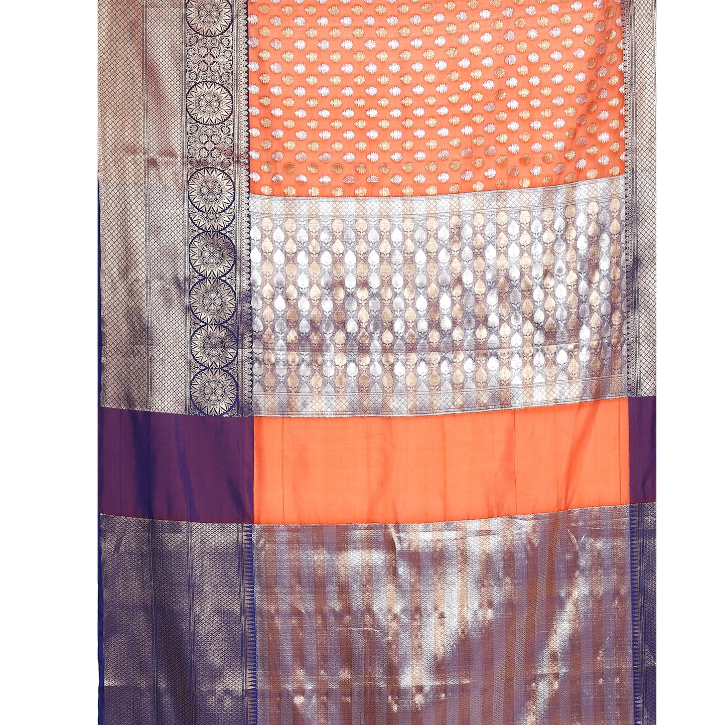 Faishana Presents Orange  Silver Gold Zari Chunri Booti Contrast Blue Pattu Border Banarasi Saree