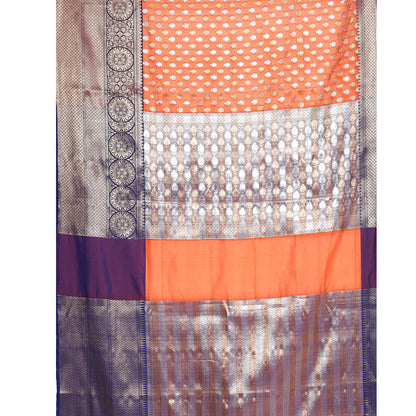Faishana Presents Orange  Silver Gold Zari Chunri Booti Contrast Blue Pattu Border Banarasi Saree