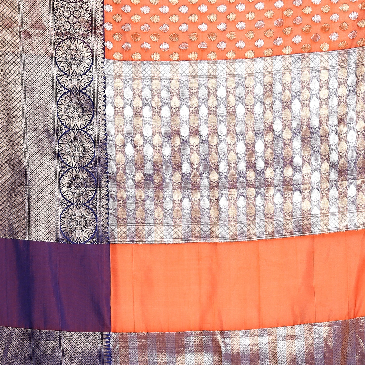 Faishana Presents Orange  Silver Gold Zari Chunri Booti Contrast Blue Pattu Border Banarasi Saree