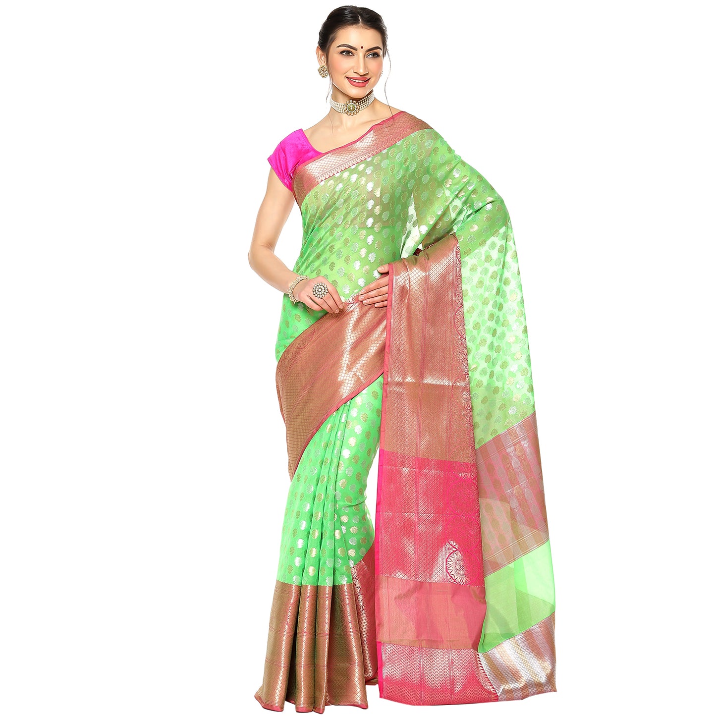 Faishana Presents Green  Silver Gold Zari Chunri Booti Contrast Pink Pattu Border Banarasi Saree