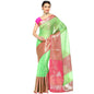 Faishana Presents Green  Silver Gold Zari Chunri Booti Contrast Pink Pattu Border Banarasi Saree