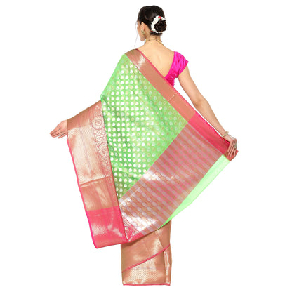 Faishana Presents Green  Silver Gold Zari Chunri Booti Contrast Pink Pattu Border Banarasi Saree