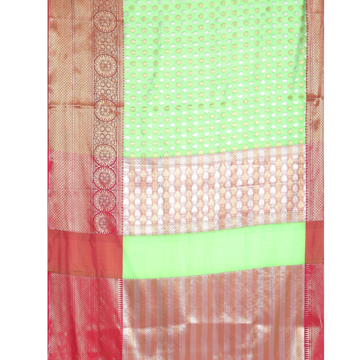 Faishana Presents Green  Silver Gold Zari Chunri Booti Contrast Pink Pattu Border Banarasi Saree