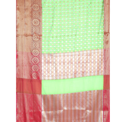 Faishana Presents Green  Silver Gold Zari Chunri Booti Contrast Pink Pattu Border Banarasi Saree
