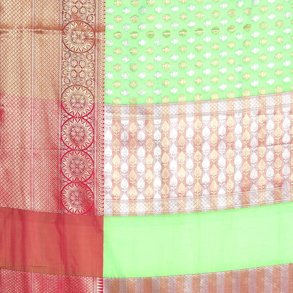 Faishana Presents Green  Silver Gold Zari Chunri Booti Contrast Pink Pattu Border Banarasi Saree