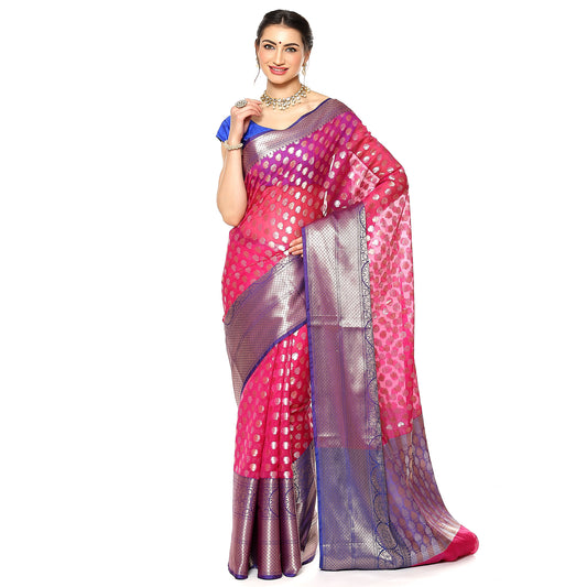 Faishana Presents Pink Silver Gold Zari Chunri Booti Contrast Blue Pattu Border Banarasi Saree