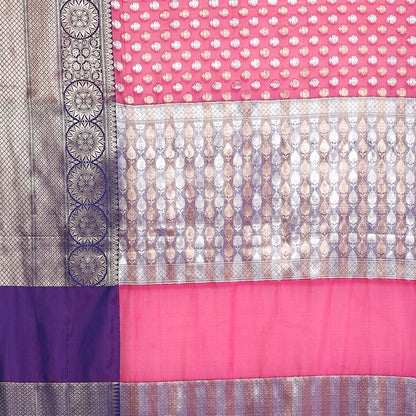 Faishana Presents Pink Silver Gold Zari Chunri Booti Contrast Blue Pattu Border Banarasi Saree