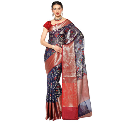 Faishana Presents Presents Navy Blue Zari Patola Contrast Zari Brocade Maroon Pattu Border Banarasi Saree