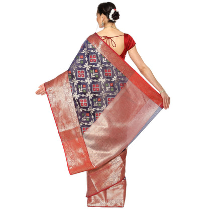 Faishana Presents Presents Navy Blue Zari Patola Contrast Zari Brocade Maroon Pattu Border Banarasi Saree