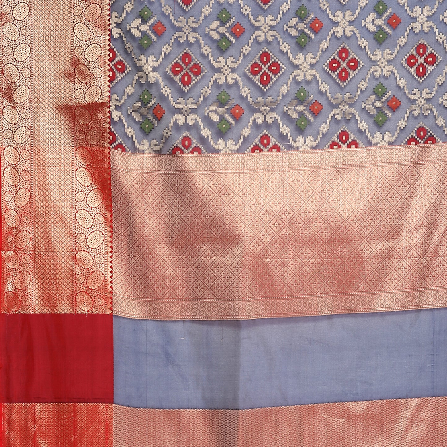 Faishana Presents Presents Navy Blue Zari Patola Contrast Zari Brocade Maroon Pattu Border Banarasi Saree