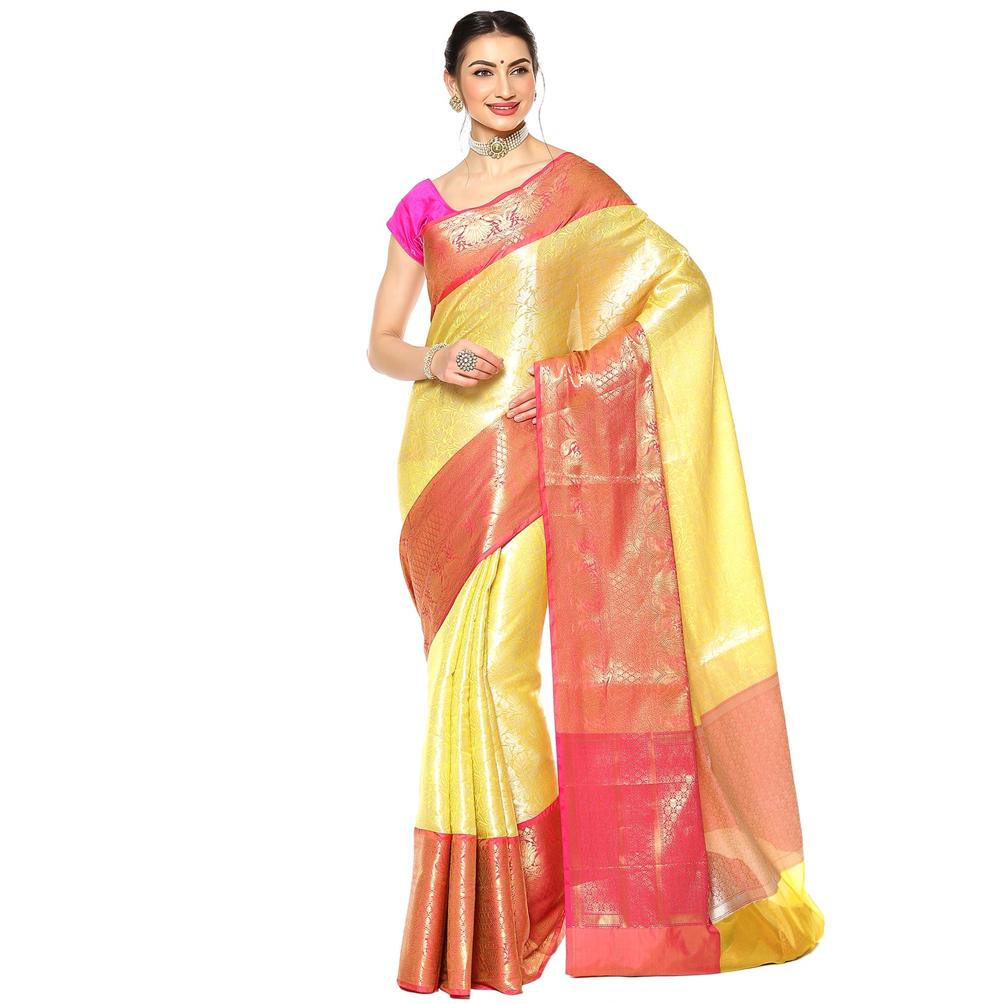 Faishana Presents Presents Yellow Kanchi Silk Zari Brocade Contrast Zari Brocade Strawberry Pattu Border Banarasi Saree.